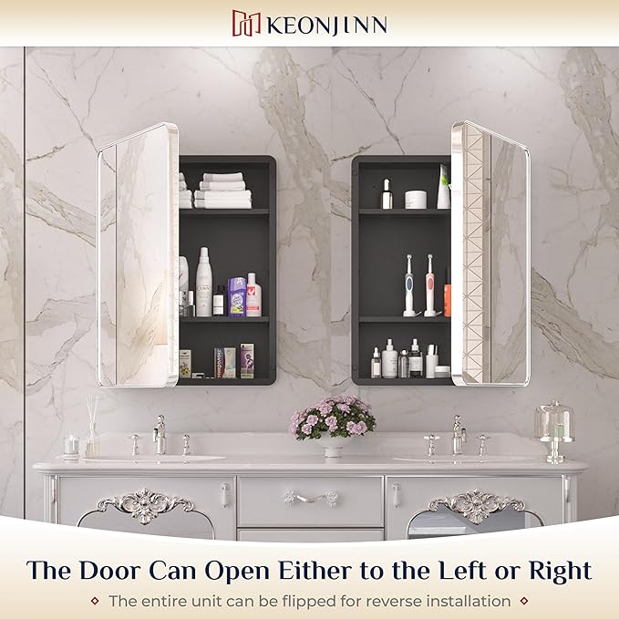 Keonjinn 60 x 32 Inch Large Chrome Medicine Cabinets, Recessed Bathroom Medicine Cabinet, Elegant Stainless Steel Framed, Sturdy & Heavy, Stepless Adjustable Shelves, DTC Hinges, Soft Closing, Modern