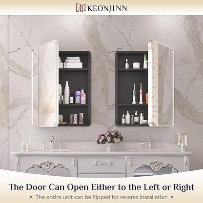 Keonjinn 60 x 32 Inch Large Chrome Medicine Cabinets, Recessed Bathroom Medicine Cabinet, Elegant Stainless Steel Framed, Sturdy & Heavy, Stepless Adjustable Shelves, DTC Hinges, Soft Closing, Modern