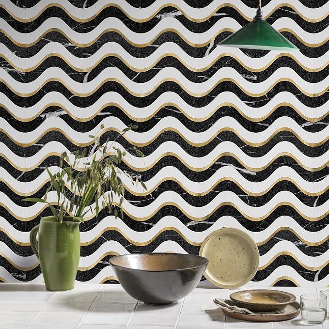 Vamos Tile Peel and Stick Backsplash Seamless Tile,Black+White+Gold,10 pcs | Stick on Backsplash for Kitchen and Bathroom, PVC Mix Metal Gold Self Adhesive Wall Tiles,11.8''x10.15''