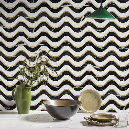 Vamos Tile Peel and Stick Backsplash Seamless Tile,Black+White+Gold,10 pcs | Stick on Backsplash for Kitchen and Bathroom, PVC Mix Metal Gold Self Adhesive Wall Tiles,11.8''x10.15''