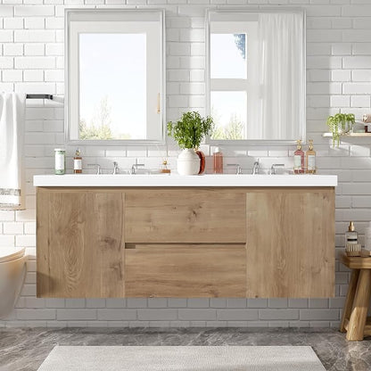 SOFTSEA 60" Double Sink Bathroom Vanity, Floating Bathroom Cabinet with 2 Storage Drawers & Soft Close Doors, Modern Wall Mounted Double Vanity with SMC Sink, Wood