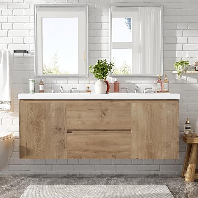 60 Inch Floating Double Bathroom Vanity with Sinks,Wood Farmhouse Double Sinks Bathroom Vanity with Soft-Closing Doors and Drawers,Wall Mounted,Industrial Style (Natural Wood A)
