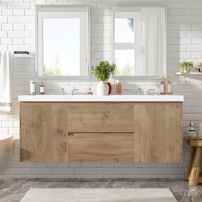 Modern Floating Natural Bathroom Vanity 60 Inch with Dual Sink, SMC Sink Top and Divided Drawers, Elegant Storage Cabinet with No Handle Design and Soft Close Doors for Large Bathrooms