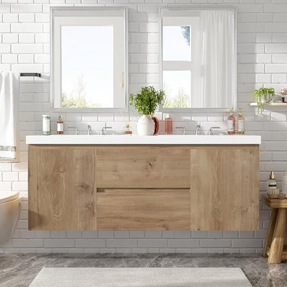 Modern Floating Natural Bathroom Vanity 60 Inch with Dual Sink, SMC Sink Top and Divided Drawers, Elegant Storage Cabinet with No Handle Design and Soft Close Doors for Large Bathrooms