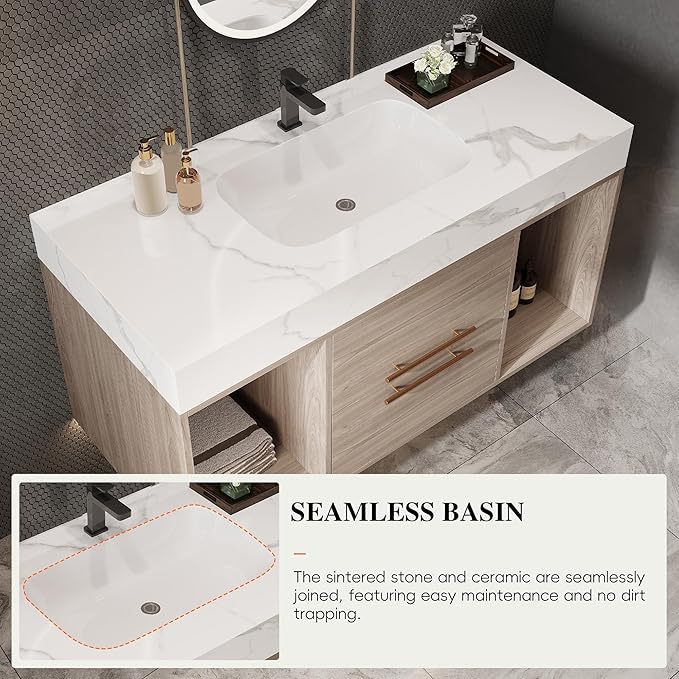 40 inch Modern Floating Bathroom Vanity with Sink, Wall Mounted Bathroom Cabinet with Ceramic Sink, Sintered Stone Countertop, 2 Soft Closing Drawers & Open Storage Shelf, Light Oak