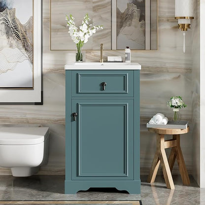 Merax Modern 20'' Bathroom Vanity with Single Sink Combo, Solid Wood Bathroom Storage Cabinet with Soft Close Door & Adjustable Shelf, Freestanding Vanities Set with Door-Mounted Storage Rack, Green