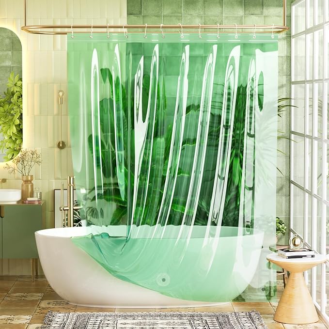 Bathway Shower Curtain Liner, Clear Shower Curtain Liner Green 72x72 PEVA Waterproof Shower Curtain Liner Plastic with 3 Magnets and 12 Rustproof Metal Grommets, Lightweight Shower Liner for Bathroom