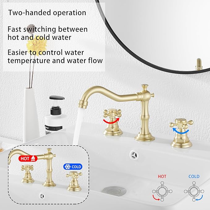 Brushed Gold Bathroom Faucet GGStudy 2 Handles 3 Holes Widespread Bathroom Sink Facuet Farmhouse Washingroom Faucet Mixer Tap