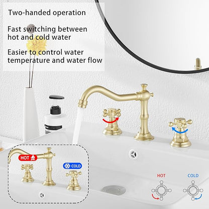 Brushed Gold Bathroom Faucet GGStudy 2 Handles 3 Holes Widespread Bathroom Sink Facuet Farmhouse Washingroom Faucet Mixer Tap