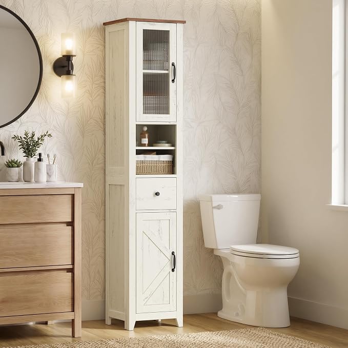 VASAGLE LIRY Collection -Tall Bathroom Cabinet, Farmhouse Freestanding Storage Cupboard with Drawer and Doors, Narrow Space Saver, 13 x 12.4 x 67.3 inch,Rustic White and Honey Brown, UBBK660W101S