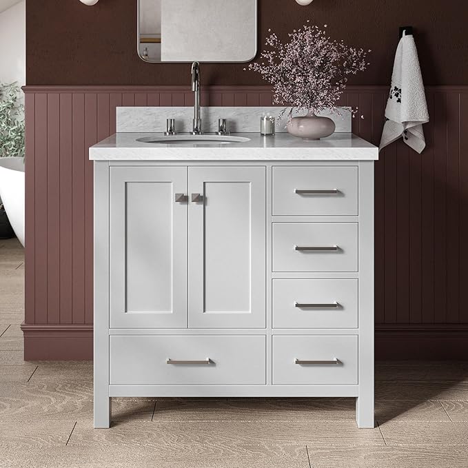 ARIEL Cambridge 36-inch Bathroom Vanity with Sink,Solid Wood, 1.5-inch Italian Carrara Marble Countertop & Backsplash, Single Oval Porcelain Sink, 2 Soft Closing Doors, 5 Dovetail Drawers, Grey