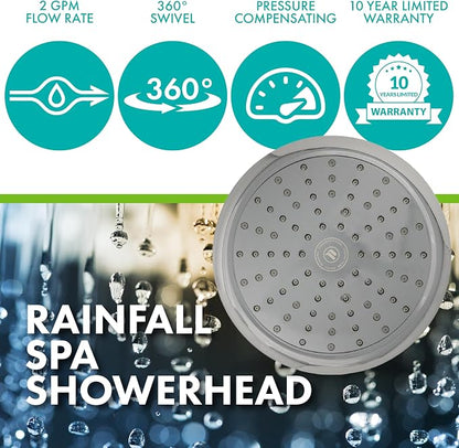 Niagara Conservation N9520BN Rainfall Spa 1-Spray with 2 GPM 8-in. Wall Mount Adjustable Fixed Shower Head in Brushed Nickel, 1-Pack | Bathroom Shower Head Sprayer with Pressure Compensation