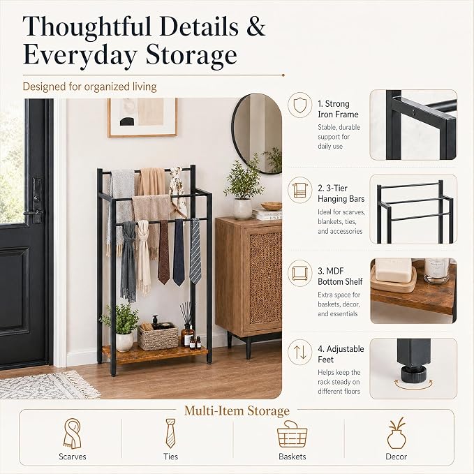 16.9" W Freestanding Towel Rack with Rustic Brown Wood Shelf | 3 Tier Blanket Ladder Stand for Bathroom Living Room, Metal Frame,31.5"H x 16.9"W x7.9"D