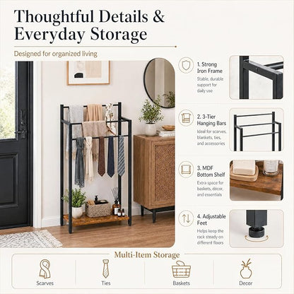 16.9" W Freestanding Towel Rack with Rustic Brown Wood Shelf | 3 Tier Blanket Ladder Stand for Bathroom Living Room, Metal Frame,31.5"H x 16.9"W x7.9"D