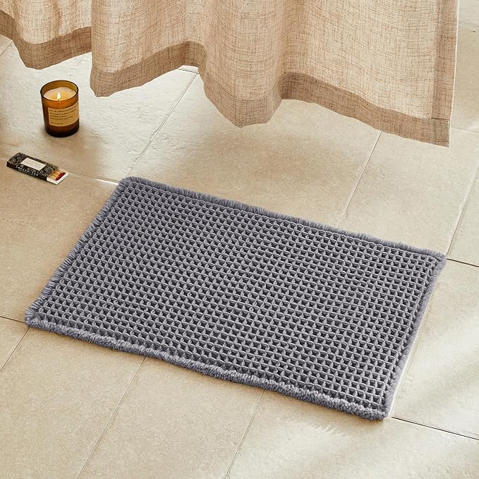 TYUU Waffle Bath Mat, Small Boho Bathroom Rugs Non Slip 24x16 Grey | Super Absorbent Quick Dry Bath Rug, Non-Slip Backing, Soft Waffle Washable Farmhouse Bathroom Mats, Tub, Shower & Home Decor