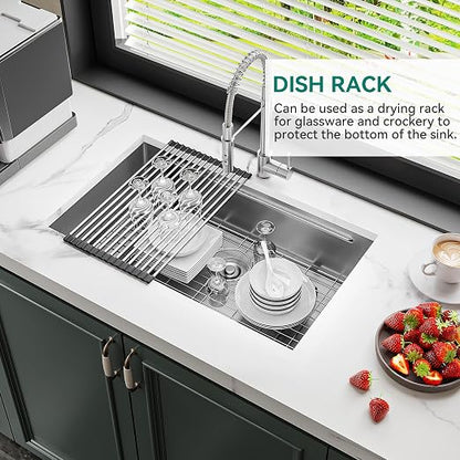 YITAHOME 32x19inch Undermount Kitchen Sink Workstation, 304 Stainless Steel Single Bowl Drop in Sink with Accessories, Honeycomb Surface Design Scratches Resistant