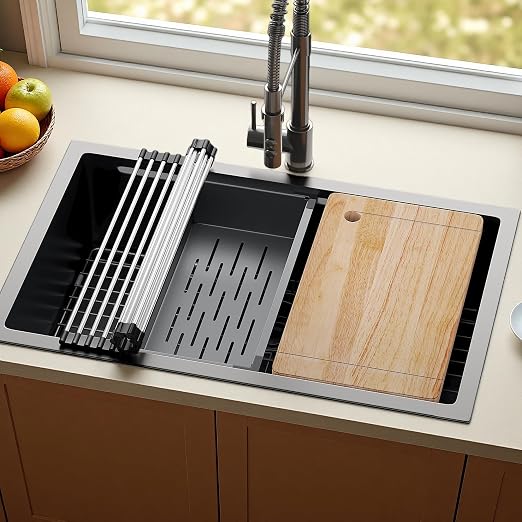 YITAHOME 30x19inch Kitchen Undermount Sinks, Nano Gunmetal Black Stainless Steel Drop-In Single Bowl Sink with Ledge and Accessories for Workstation, RV, Prep Kitchen, Bar