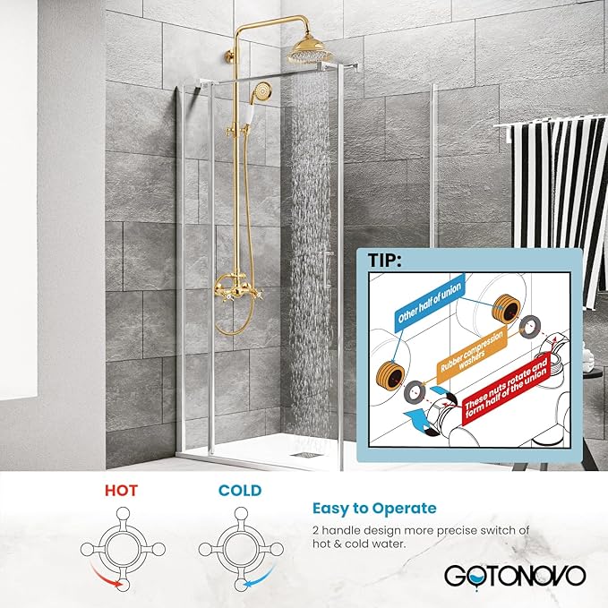 gotonovo Polish Gold Exposed Bathroom Shower Faucet 8 Inch Rainfall Shower Head System Handheld Spray Bathroom Wall Mount Shower Fixture Set