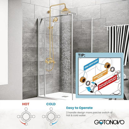gotonovo Polish Gold Exposed Bathroom Shower Faucet 8 Inch Rainfall Shower Head System Handheld Spray Bathroom Wall Mount Shower Fixture Set