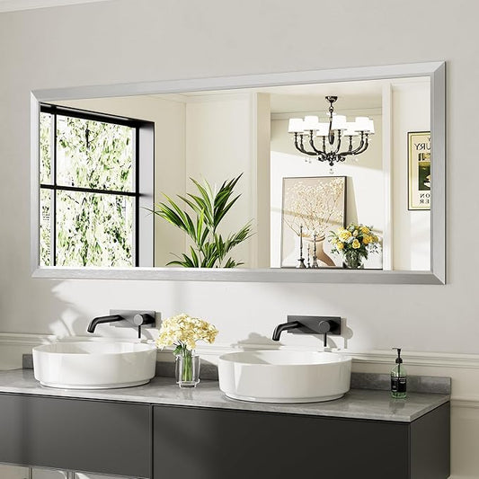 72x32 Inch Brushed Silver Bathroom Mirror for Wall, Thick Metal Framed Rectangle Mirrors for Over Sink, Bedroom, Living Room, Entryway, Anti-Rust, HD Tempered Glass