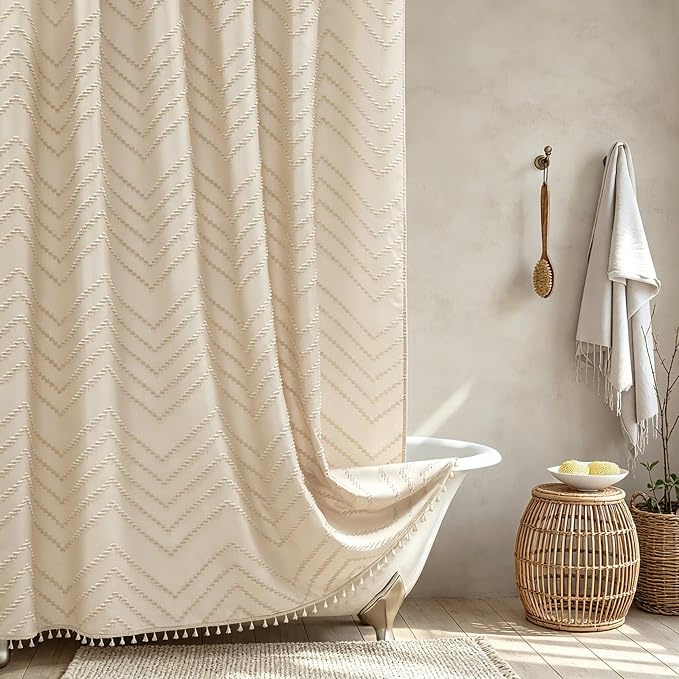 Siiluminisoy Farmhouse Boho Shower Curtain, Woven Fabric Beige Long, 72 x 78, Tufted Chevron Striped Modern Chic Textured Minimalist Bathroom Shower Curtain