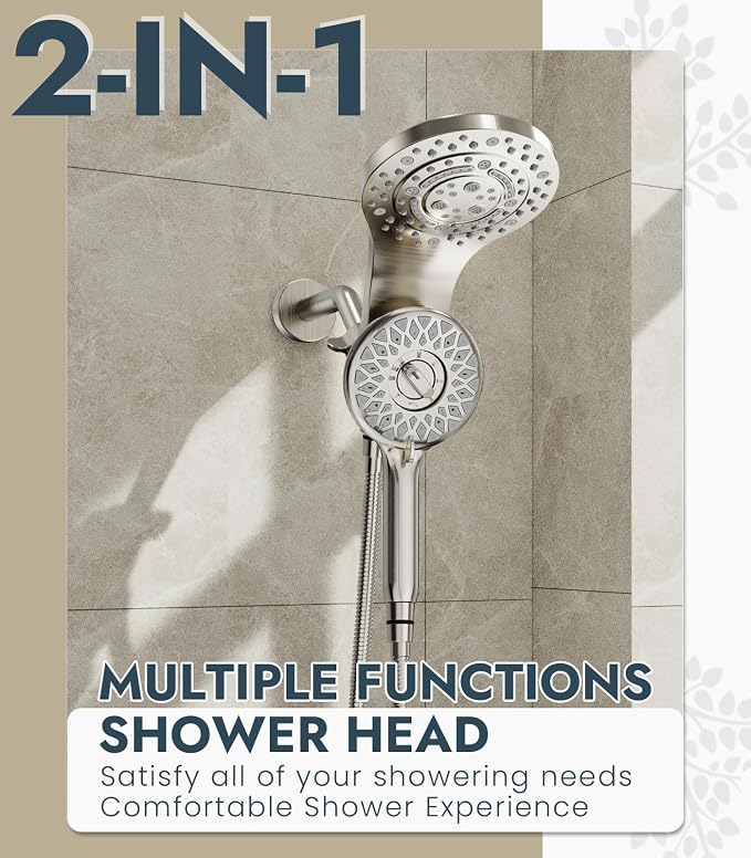 Dual Shower Heads with Handheld Spray Combo, High Pressure 2 in 1 Rainfall Shower Heads with 9 Spray Modes, Magnetic Double Showerhead, Brushed Nickel