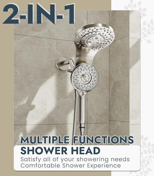 Dual Shower Heads with Handheld Spray Combo, High Pressure 2 in 1 Rainfall Shower Heads with 9 Spray Modes, Magnetic Double Showerhead, Brushed Nickel