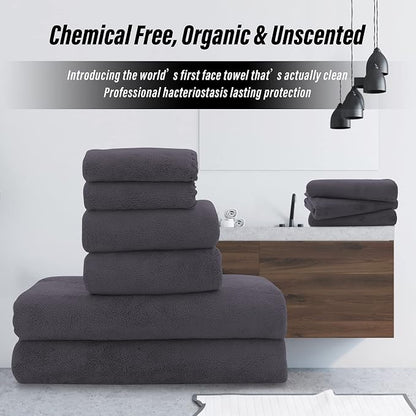 MOONQUEEN Ultra Soft Towel Set-Quick Drying-2 Bath Towels 2 Hand Towels 2 Washcloths - Microfiber Coral Velvet Highly Absorbent Towel for Bath Fitness, Bathroom, Sports, Yoga, Travel(Dark Grey, 6 Pcs)