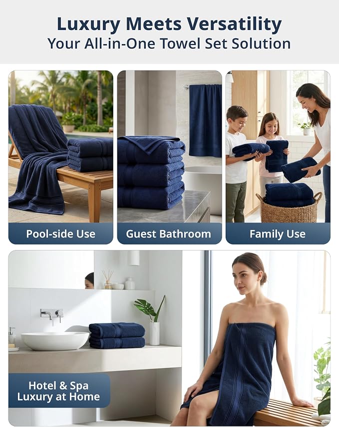 LANE LINEN Bath Towel Set 100% Cotton 4 Piece Soft Absorbent - Navy | Cotton Bath Towels - Densely Woven, Coordinated Colors, Dobby Border Accent, OEKO-TEX Certified, Zero-Twist Durability