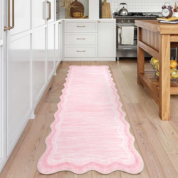 Garvee Washable Runner Rug 2x6 Modern Solid Scalloped Kitchen Runner Pink | Modern Long Runner Rug for Entryway Bedroom, Non Slip Low Pile Solid Runner Rugs for Entryway, Nursery Rugs Runner