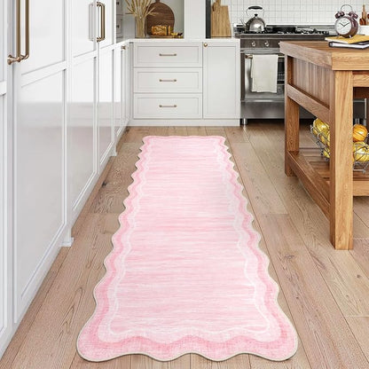 Garvee Washable Runner Rug 2x6 Modern Solid Scalloped Kitchen Runner Pink | Modern Long Runner Rug for Entryway Bedroom, Non Slip Low Pile Solid Runner Rugs for Entryway, Nursery Rugs Runner