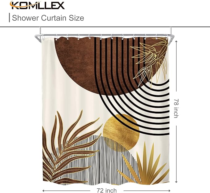 Mid Century Brown Boho Abstract Modern Retro Bathroom Shower Curtain Set | 72Wx78H Tan Gold design, waterproof HD print with fast-drying fabric and 12 hooks.