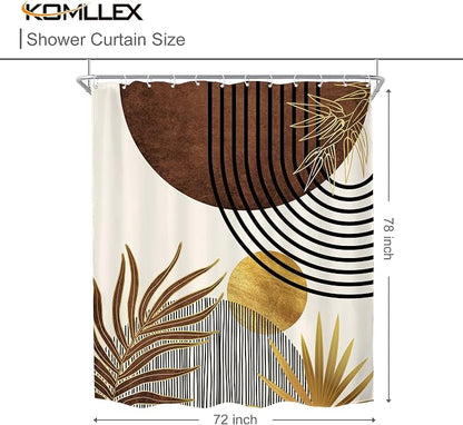 Mid Century Brown Boho Abstract Modern Retro Bathroom Shower Curtain Set | 72Wx78H Tan Gold design, waterproof HD print with fast-drying fabric and 12 hooks.