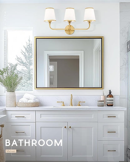 3-Light Bathroom Light Fixtures, Brushed Gold Vanity Lights Over Mirror with White Fabric Shade, Modern Sconces Wall Lighting for Hallway Bedroom, VL837-BG-X-3
