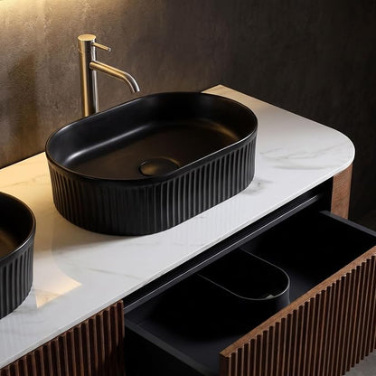 60" Preassembled Double Floating Bathroom Vanity with Black Sink, Walnut | Mid-Century Modern Style, Fluted & Soft-Close Drawer with U-shaped Wall, Sinterted Stone Countertop, Towel Rack Included