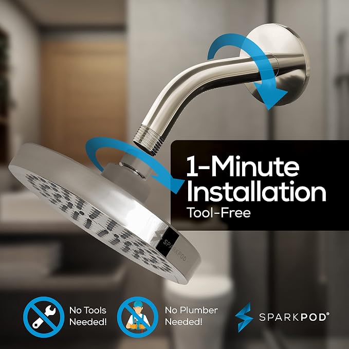 SparkPod 6" Rain Shower Head High Pressure w/ 6" Shower Arm, Brushed Nickel | High Pressure Shower Heads, 90 Nozzles, Adjustable Showerhead, No Tools Needed, Universal Connection, Gain Space & Style