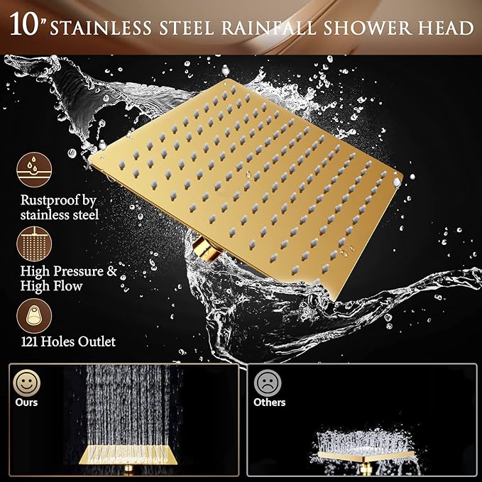 10" Gold Shower Head with Handheld, 5 Spray Handheld with 11" Extension Arm | High Pressure Rainfall Shower Head/Handheld Shower Combo with Adjustable Arm, 60" Hose Anti-leak (Gold)