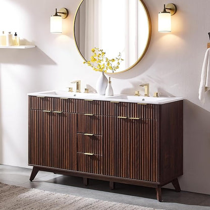 T4TREAM 60" Fluted Bathroom Vanity with Resin Sink Combo，Freestanding Modern Bathroom Storage Vanity Cabinet with Soft Closing Doors & 3 Drawers，Wood Grain Texture，Metal Handle，Dark Walnut
