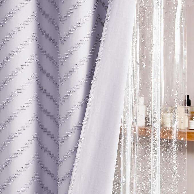 Dynamene Lavender Boho Shower Curtain and Liner Set, Farmhouse Fabric Shower Curtain and Waterproof Clear Liner, Tufted Chevron Striped Textured Tassel Shower Curtains for Bathroom, 12 Hooks, 72x72