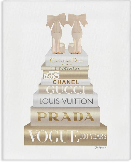 Cream Bow Heels Glam Bookstack, 36 x 48 Inch Canvas Wall Art | Stupell Industries · By Amanda Greenwood · Ready to hang · Chic gift for fashion lovers · Made in USA