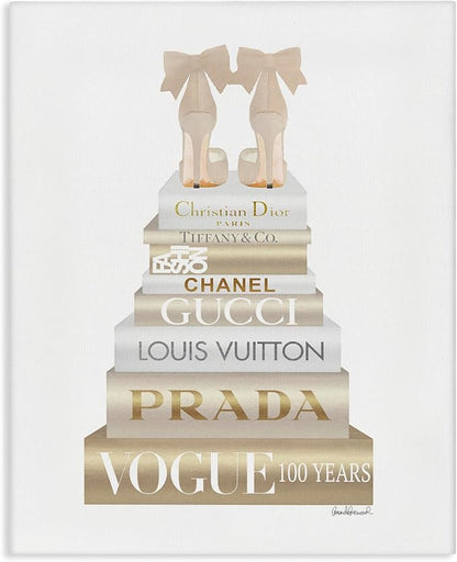 Cream Bow Heels Glam Bookstack, 30 x 40 Inch Canvas Wall Art | Stupell Industries · By Amanda Greenwood · Ready to hang · Chic gift for fashion lovers · Made in USA