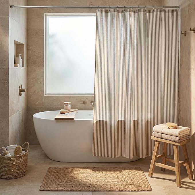 Stripe Cotton Toile Shower Curtain Ticking Stripes Woven Print Curtain Bathroom Decor for Traditional and Contemporary Style Kitchen Bath Home (Brown and White,72 x 72 Inches,Stripe)