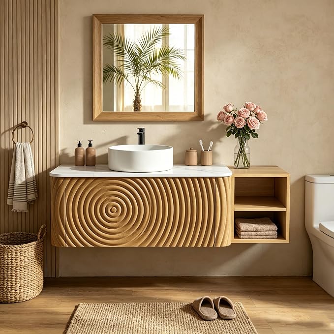 48" Floating Bathroom Vanity with Sink, Mid-Century Wall Mounted Bathroom Vanity Cabinet with Wood Waved Decor,Ceramic Vessel Basin and Sintered Stone Top, Soft Close Drawer, Side Open Cube