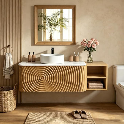 48" Floating Bathroom Vanity with Sink, Mid-Century Wall Mounted Bathroom Vanity Cabinet with Wood Waved Decor,Ceramic Vessel Basin and Sintered Stone Top, Soft Close Drawer, Side Open Cube