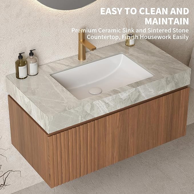 LKTART Floating 36 Inch Bathroom Vanity with Sink, Modern Plywood Wall Mounted Bathroom Storage Cabinet with 1 Door and 1 Drawer, Roma Travertine-Pattern Sintered Stone Countertop and Ceramic Basin