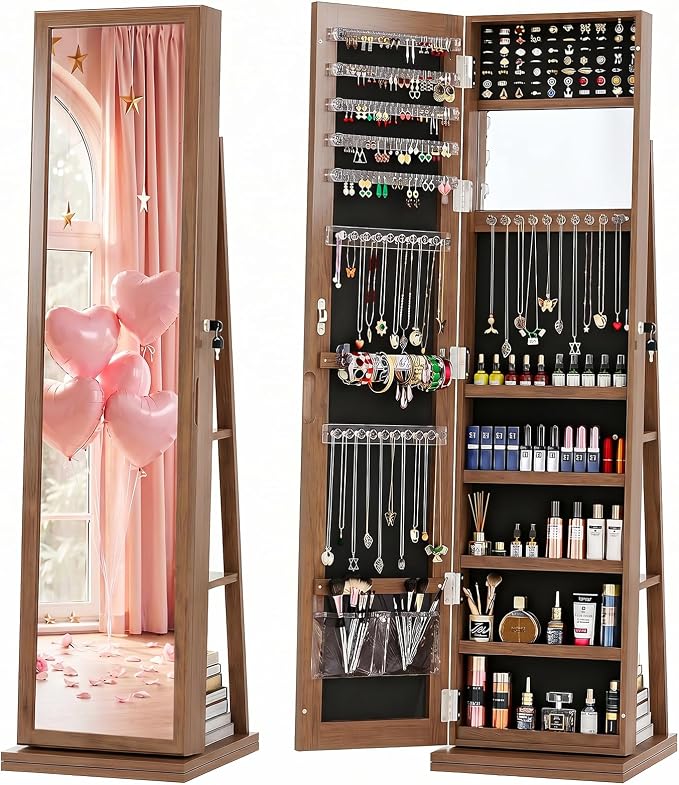 4-In-1 Jewelry Cabinet Jewelry Armoire Lockable Standing, Brown | Jewelry Organizer with Storage, Full-Length Mirror, 3 Storage Shelves, Makeup Mirror, 360 ° Swivel Jewelry Armoire for Women