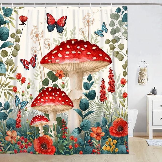 Boho Mushroom Shower Curtain, Floral Woodland Farmhouse Cottagecore Aesthetic Sage Green Eucalyptus Shower Curtain Set, Fairy Witchy Plant Botanical Flower Fabric Bathroom Curatin with Hooks 72X72