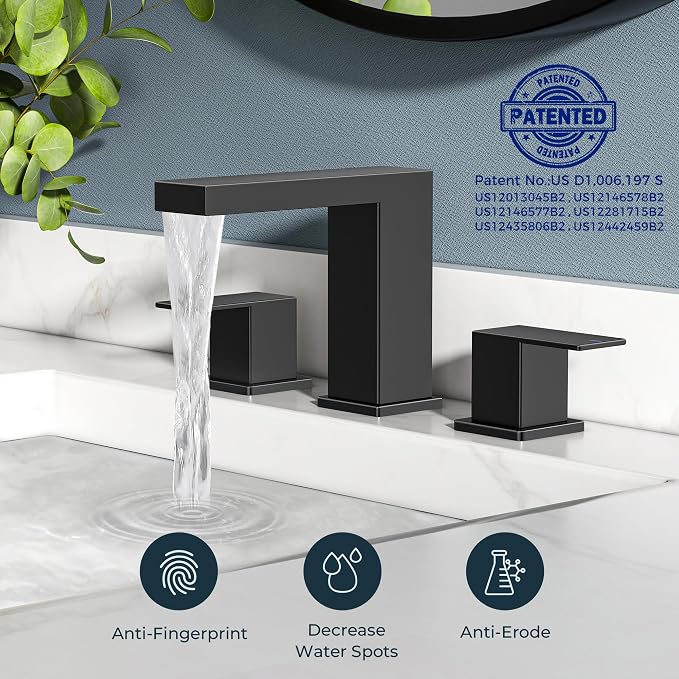 FORIOUS Waterfall Black Bathroom Faucet 3 Hole, 8 Inch Widespread Faucets | Waterfall Bathroom Faucet Widespread, Matte Black Faucet for Bathroom Sink 3 Holes Vanity with Drain and Hoses for Wholesale