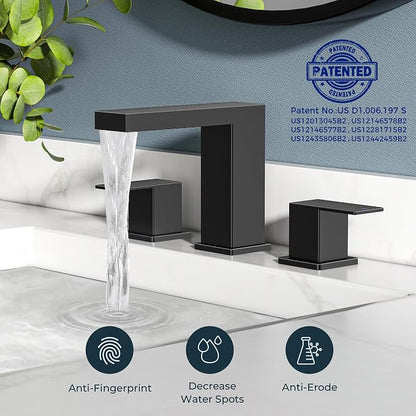 FORIOUS Waterfall Black Bathroom Faucet 3 Hole, 8 Inch Widespread Faucets | Waterfall Bathroom Faucet Widespread, Matte Black Faucet for Bathroom Sink 3 Holes Vanity with Drain and Hoses for Wholesale