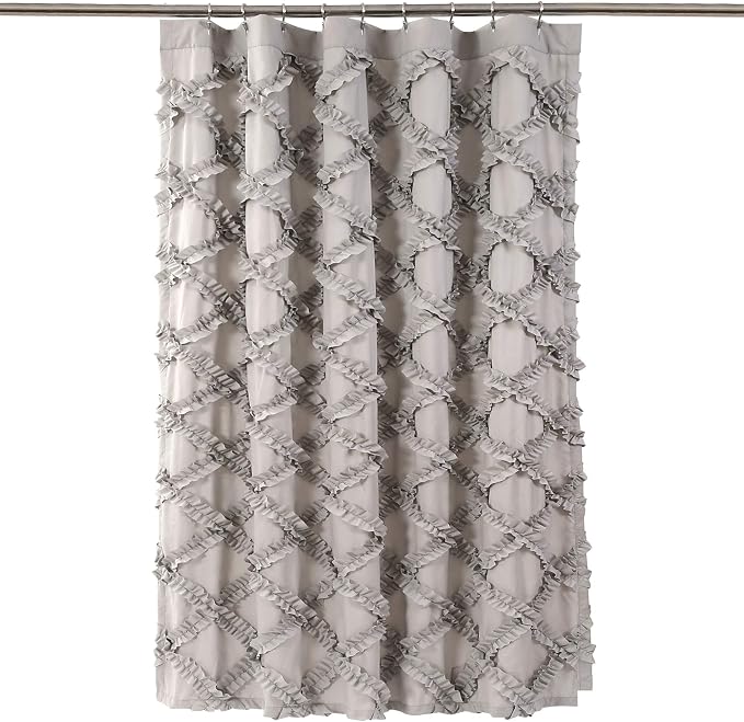 Lush Decor Ruffle Diamond Shower Curtain 72"L x 72"L Gray - Fabric Shower Curtains for Bathroom - Gray Bathroom Curtain - Vintage Farmhouse Decor